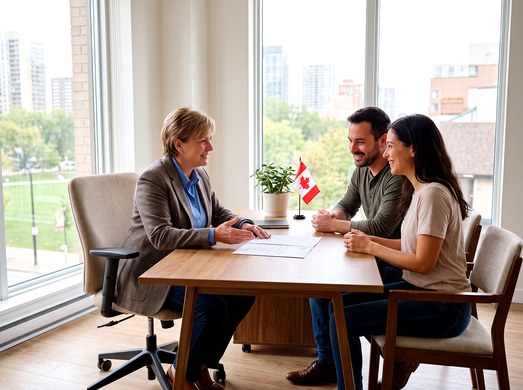 An SRV Immigration consultant reviewing documents with a client